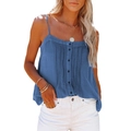 Women's dark blue button-down camisole top with spaghetti straps and pleated details - S / Denim Blue