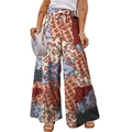 Bohemian high-waisted wide leg pants with floral patchwork print and drawstring waist - S / Vintage Floral Patchwork