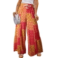 Bohemian floral wide leg pants with colorful patchwork and white drawstring waist - S / Plaid Red Patchwork