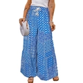 Women bohemian wide leg pants with blue floral patchwork and elastic drawstring waist - S / Blue White Patchwork