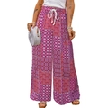 Women's wide leg floral pants with bohemian paisley print and elastic drawstring waist - S / Dark Purple Patchwork