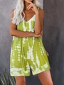 Detail view of green tie-dye summer romper with V-neck sleeveless design and light fabric - Yellow Tie-Dye