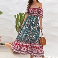 Robe longue bohème à épaules dénudées avec imprimé fleuri et manches bouffantes - S / Vert