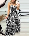 Summer black and white leopard print maxi dress with smocking and thin straps - S / Black and White Leopard Print