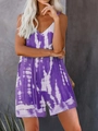 Detailed close-up of a purple and white tie-dye sleeveless V-neck summer jumpsuit - Purple Tie Dye