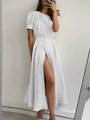 Detail of white puff sleeves and elegant button-down front with high slit design - White