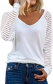 Close-up of white long sleeve top featuring striped sheer mesh patchwork on the sleeves - White