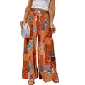 Women's floral boho wide-leg pants with high-waisted drawstring and paisley print - Red Patchwork