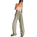 Loose high-waisted wide-leg trousers in light sage green with a stylish waist tie ribbon - S / Light Green