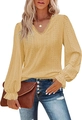 Elegant mustard yellow V-neck lace T-shirt with long ruffled sleeves and eyelet embroidery - Yellow