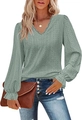 Elegant sage green V-neck long sleeve blouse with lace trim and hollow out details - Dark Green
