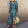 Boho Maxi-Kleid mit V-Ausschnitt, Vintage-Blumendruck und gestuftem Saumdetail - S / Blau
