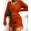 Close-up of orange ribbed knit dress featuring side drawstring and pleated texture detail - Orange Red