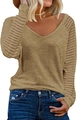 Detail of khaki long sleeve top showing V-neck and striped sheer mesh patchwork sleeves - Khaki