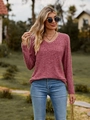 Camiseta de manga larga con cuello en V para mujer en punto acanalado rosa viejo - S / Burdeos