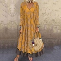 Boho Maxikleid mit V-Ausschnitt und Blumendruck in Ingwergelb mit gestuftem Patchwork-Saum - S / Gelb