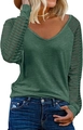 Detail of V-neck top showing semi-transparent mesh striped patchwork on raglan sleeves - Dark Green