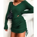 Detail of dark green V-neck knitted dress with ribbed texture and drawstring side ruching - Dark Green