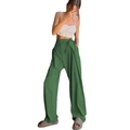 Loose high-waisted wide leg pants for women in green fabric with drawstring waist - Green