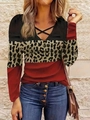 Women's leopard patchwork V-neck long sleeve top with black criss-cross details - S / Red