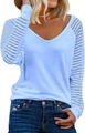 Detail of light blue V-neck top with striped mesh patchwork long sleeves and casual fit - Light Blue