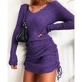 Dettaglio della trama in maglia a costine e del cordoncino laterale sull'abito viola con scollo a V - 3XL / Viola
