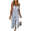 Women's summer high-waisted wide-leg jumpsuit with purple and teal floral print - S / Blue