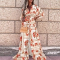 Women bohemian floral V-neck maxi dress with drawstring waist and long sleeves in white - S / Orange
