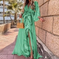 Deep V-neck green floral maxi dress with long sleeves and drawstring waist for beach vacation - S / Green