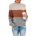 Detail of color-block knit sweater showing beige, brown, and grey textures with ribbed cuffs - Beige Dark Brown Grey