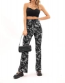 Pantalones de mujer de talle alto con estampado de mármol y cordón negro ajustable - S / Negro