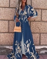 Deep blue V-neck maxi dress with white floral print and single-breasted button detail - S / Dark Blue