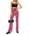 Pantalón de campana de cintura alta para mujer con estampado psicodélico y cordón negro - S / Rosa Rojo
