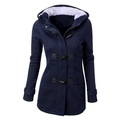 Detail of navy blue hooded coat with faux fur lining and leather toggle closure - Navy Blue
