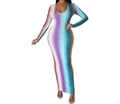 Nahaufnahme bunter vertikaler Streifen auf einem eng anliegenden Langarm-Bodycon-Kleid - S / Lila Mischstreifen