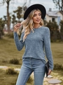 Detail of ribbed knit texture on blue-grey long-sleeve crewneck top for women - Blue
