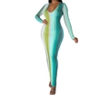 Eng anliegendes langärmliges Maxikleid mit grünem Rippstrick und vertikalem Streifen - S / Cyan Grün Mischstreifen