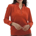 Haut élégant en velours rouge brique à manches longues avec col à volants pour femmes - Rouge Orangé