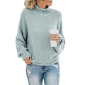 Detalle del suéter de punto grueso verde menta con textura acanalada en cuello y bajo - S / Tops / Azul