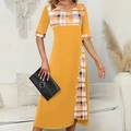 Robe jaune moutarde à col rond avec patchwork à carreaux et boutons décoratifs - S / Jaune