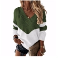 Detail of color-block knit sweater with deep V-neck and ribbed cuffs on model - Striped Army Green