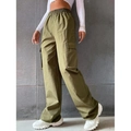 Pantaloni cargo verde militare a vita alta con tasche a patta e gamba dritta larga - S / Verde Militare
