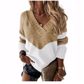 Women's V-neck colorblock loose knit sweater in khaki and white casual style - S / Tops / Striped Apricot