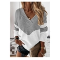 Macro detail of the grey and white color-block chunky knit texture and soft V-neckline - S / Tops / Striped Grey