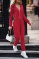 Close-up of red hooded jumpsuit featuring a zip front and large utility pockets - S / Top And Bottom / Red
