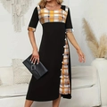 Robe midi noire à manches mi-longues avec patchwork à carreaux et boutons décoratifs - S / Noir