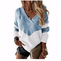 Detail showing high-texture V-neck knitted sweater with blue and white color-block design - S / Tops / Blue Striped