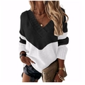 Detail of color block V-neck knitted sweater with ribbed cuffs and textured fabric - S / Tops / Striped Black