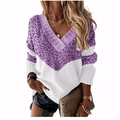 Close-up of V-neck knit sweater featuring purple leopard print and white patchwork detail - S / Tops / Purple Leopard