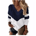 Detail of V-neck knitted sweater featuring navy colorblock and leopard print pattern - Leopard Navy Blue